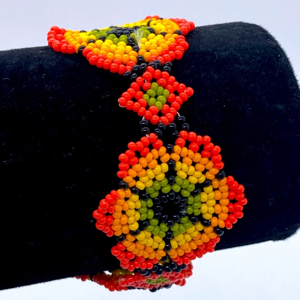 Handmade Beaded Flower Bracelet Warm Shades Orange Red Yellow Floral Pattern